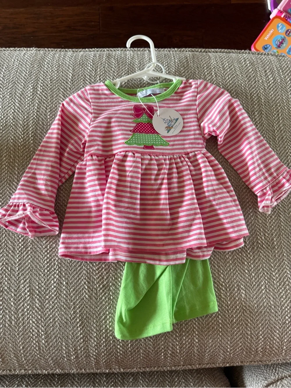 Pink & White Striped set with Christmas tree Applique